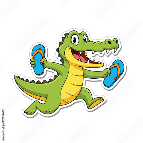 Cute Cartoon Crocodile Holding Flip Flops Summer Sticker Design