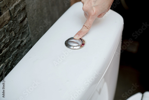 Εκτύπωση καμβά Close up woman finger pressing dual flush button on white ceramic toilet tank