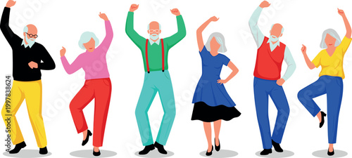 Vector Illustration of Elderly People Dancing and Having Fun in Colorful Clothing