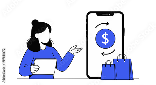 A woman using a digital tablet for online shopping transactions with a mobile payment application vector graphic design.