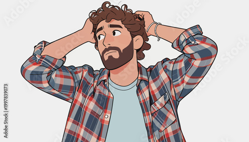 Confused Man with Curly Hair Holding Head