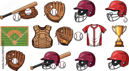 Collection of baseball equipment illustrations including helmets gloves bats balls jersey trophy and field isolated on light background