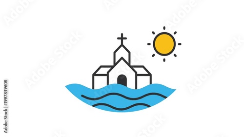 A stylized illustration depicts a church partially submerged in blue waves under a bright yellow sun.