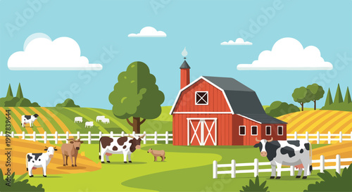 Foto A serene farm scene with a red barn and grazing cows