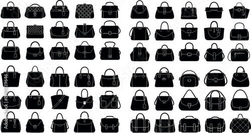 Collection of black handbag silhouettes set, various women fashion bags icons including tote, clutch, purse vector illustration