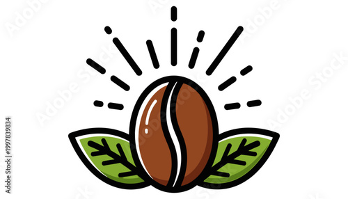 A brown coffee bean with two green leaves and sunburst lines around it