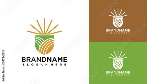 A logo design with brandname and slogan on various colored backgrounds