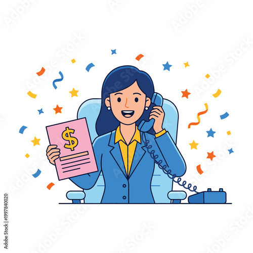 Woman in business suit holding money and talking on phone with confetti