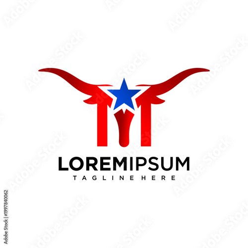 A stylized illustration of a blue star with red bull horns and text