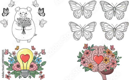 Cute pig butterfly and floral brain light bulb love concept hand drawn outline and colored vector illustration set