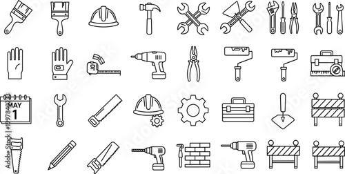 Construction tools outline icon set with hammer wrench drill helmet saw gloves toolbox and repair equipment vector collection