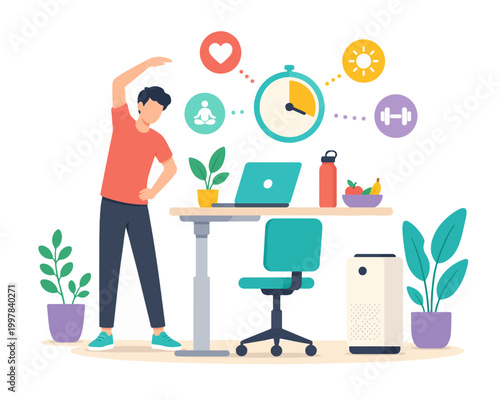 Office Wellness Routine with Stretching Exercise and Healthy Work Habits Flat Vector Illustration