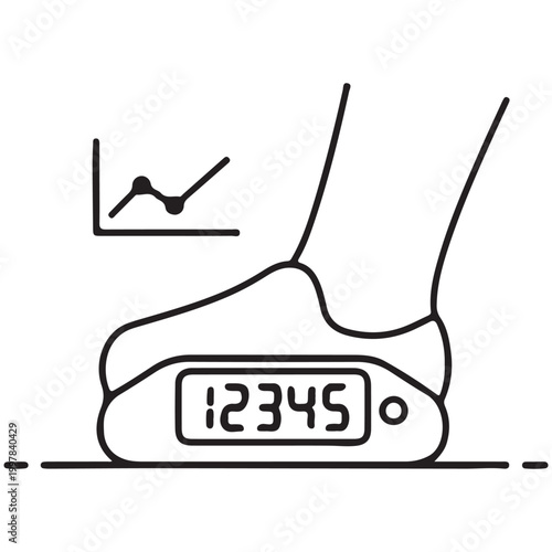 Line art illustration of a foot on a digital scale with progress graph isolated on white background