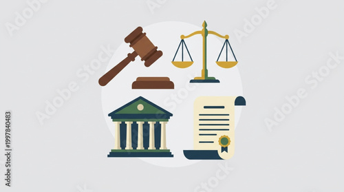 A graphic illustration of law and justice symbols including a gavel, scales, courthouse, and legal documents on a clean white background