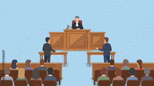 Illustration of a courtroom scene with a judge and lawyers standing at podiums, addressing a crowded room of seated people in a formal setting