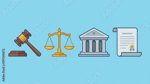 A flat lay illustration of a gavel, scales, courthouse, and legal document on a blue background representing justice and law