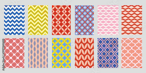 Geometric patterns collection colorful repeating designs on white background