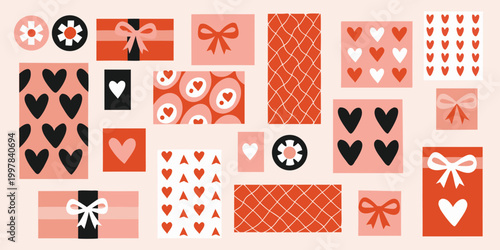 Gift wrapping pattern collection with hearts and bows