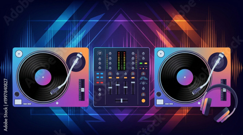 A colorful DJ setup with two turntables and a mixer against a vibrant, geometric background with purple, blue, and orange hues