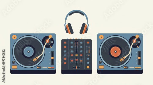 Flat lay illustration of DJ equipment including turntables and a mixer with orange and blue accents on a clean white background