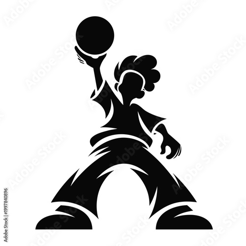 Black silhouette sports icon, athletic pose, throwing ball vector, dynamic movement