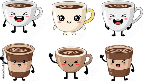 Cute cartoon coffee cups characters set with smiling faces, kawaii style mugs and takeaway cups vector illustration collection