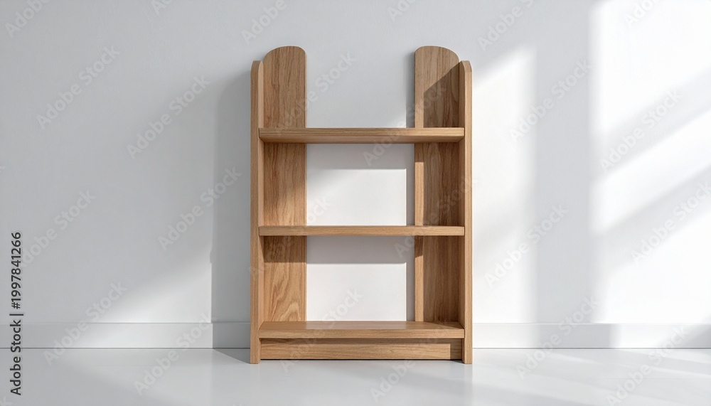 Fototapeta premium Modern minimalist natural wood bookshelf with three open shelves, standing against a bright white wall, casting subtle shadows for a clean and inviting interior space