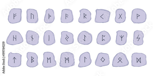 Set of hand drawn viking runes Rune stones with ancient norse alphabet characters engraved on them Scandinavian futhark germanic celtic Single element for design, print, web, decor