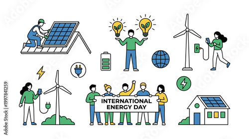 International Energy Day vector line art collection featuring people holding banners, solar panels, wind turbines, and eco light bulbs for global renewable power awareness.