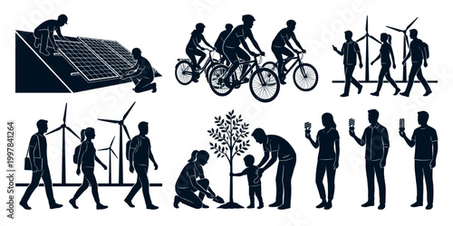International Energy Day vector silhouette set with people installing solar panels, riding bicycles, planting trees, and using wind turbines for global eco sustainability.