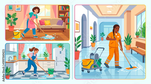 Diverse individuals diligently cleaning residential and commercial spaces with mops and cleaning