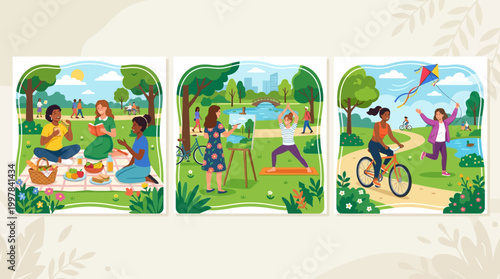 Diverse people enjoying various outdoor recreational activities in a vibrant park setting