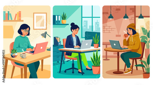 Diverse women engage in remote work scenarios, illustrating modern professional lifestyles and