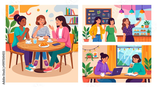Diverse women enjoying coffee breaks and collaborative moments in vibrant cafe settings