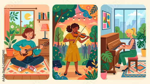 Diverse Women Enjoying Musical Performances at Home and Outdoors in Vibrant Illustrations