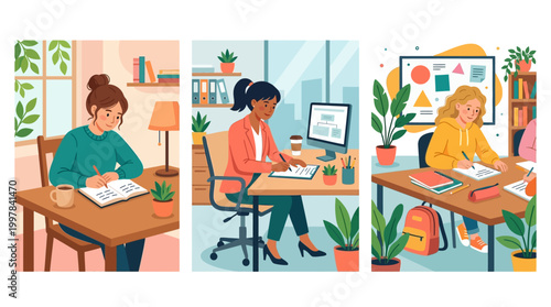 Diverse young women diligently engage in study and work activities in various settings
