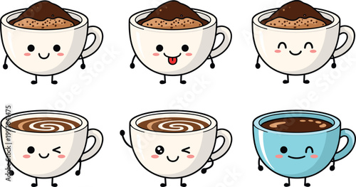 Cute coffee cup characters set with different drinks and expressions, kawaii style mugs vector illustration for cafe branding