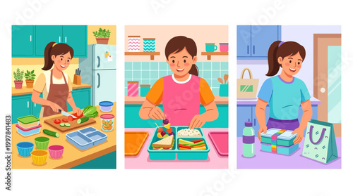 Girl preparing colorful healthy lunch boxes in kitchen steps showing meal prep for school or work