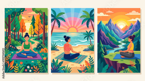 Tranquil nature yoga sessions at sunrise and sunset depicting serene mindfulness practices