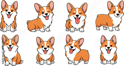 Cute corgi dog characters set with different poses and expressions, kawaii puppy mascots vector illustration for pet design