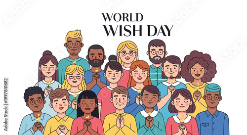 A diverse group of people, symbolizing the 'World Wish Day' concept, stand together with hands clasped in a hopeful gesture, set against a clean white background in a vector illustration