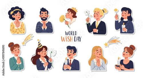 A diverse group of people are depicted in a whimsical vector illustration, each with a hopeful expression and some holding items associated with wishes, set against a clean white background