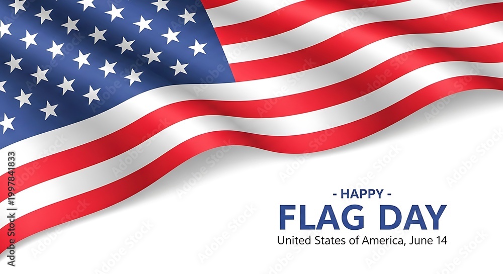Fototapeta premium Flag Day celebration poster with waving American flag and stars for June fourteenth holiday