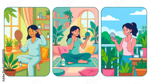 Woman performing daily skincare routines with various cosmetic products and plants