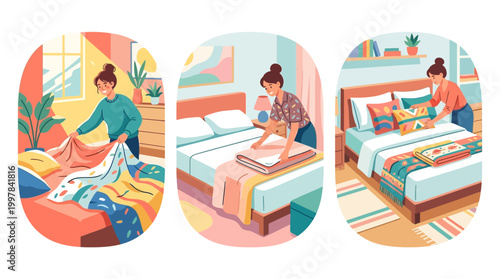 Woman tidying and arranging beds in cozy bedroom scenes with vibrant decor and natural light