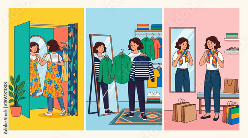 Woman shopping for clothes trying on different outfits and accessories in fitting rooms