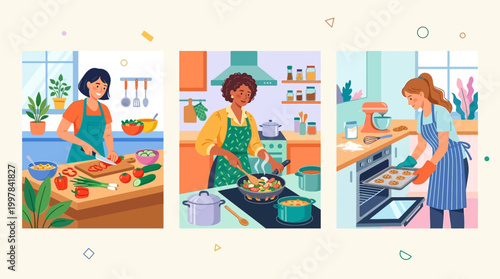 Women preparing meals and baking delicious cookies in brightly lit modern kitchens