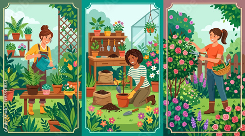 Women nurturing vibrant gardens with diverse botanical pursuits and flourishing greenery