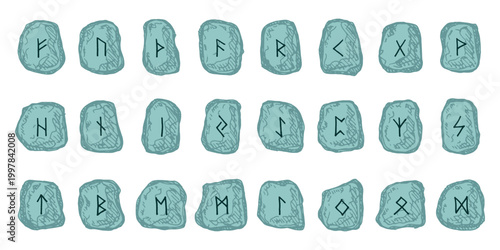 Set of hand drawn viking runes Rune stones with ancient norse alphabet characters engraved on them Scandinavian futhark germanic celtic Single element for design, print, web, decor