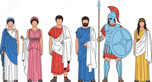Vector Illustration of Ancient Greek and Roman Characters in Traditional Clothing and Armor